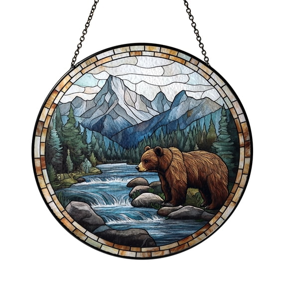 Rustic Cabin Bear Stained Glass Style Suncatcher – Round Window Hanging