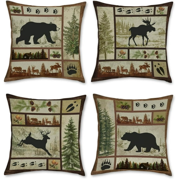 Rustic Cabin Bear Throw Pillow Covers 18 x 18 Inch Set of 4 Lodge Moose Deer Animal Decorative Pillows Case Polyester Linen Outdoor Cushion Covers for Couch Sofa Bed Home Decor