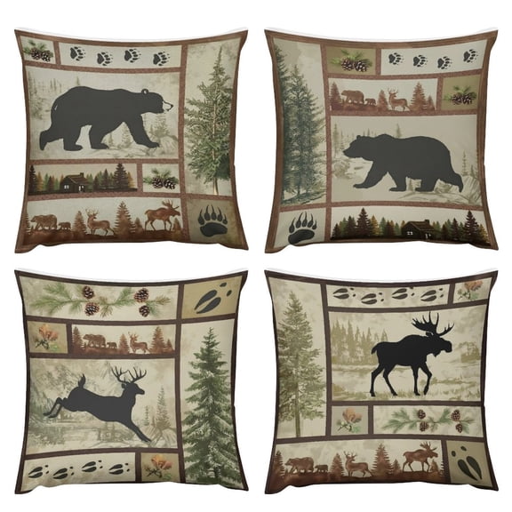 Rustic Cabin Bear Throw Pillow Covers 20 x 20 Inch Set of 4 Lodge Moose Deer Animal Decorative Pillows Case Polyester Linen Outdoor Cushion Covers for Couch Sofa Bed Home Decor