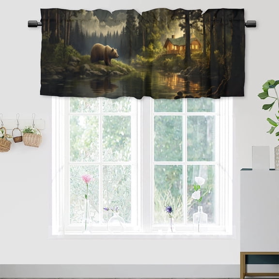 Rustic Cabin Bear Valance Rod Pocket Window Curtain for Kitchen Country Bear Forest Farmhouse Hunting Woodland Privacy Window Valances for Living Room Kitchen 54 by 18 in, 1 Panel