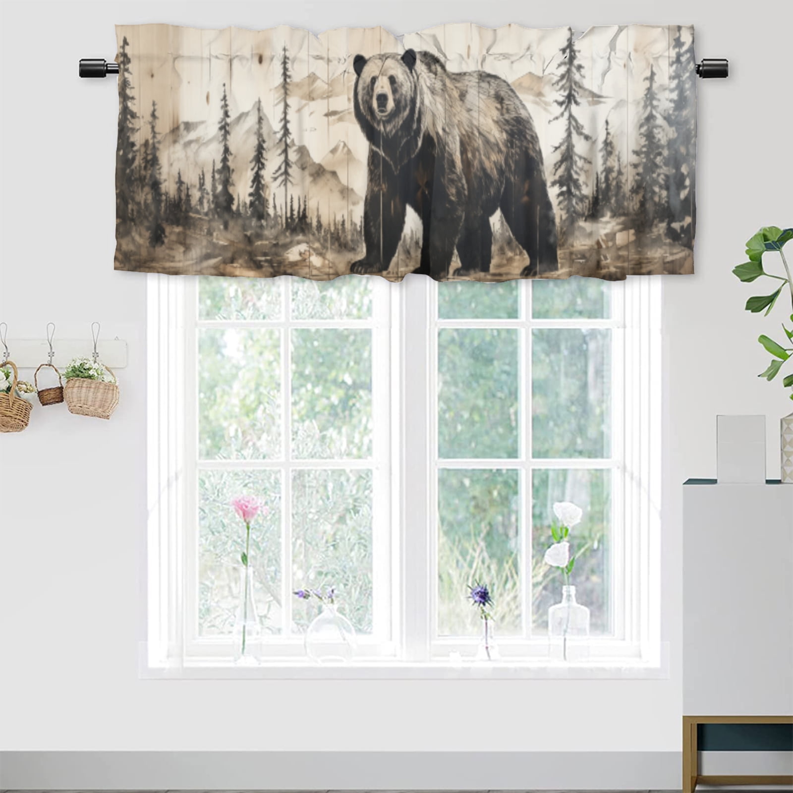 Rustic Cabin Bear Window Curtains Valances Farmhouse Forest Pine Tree Retro Wooden Board Window ...