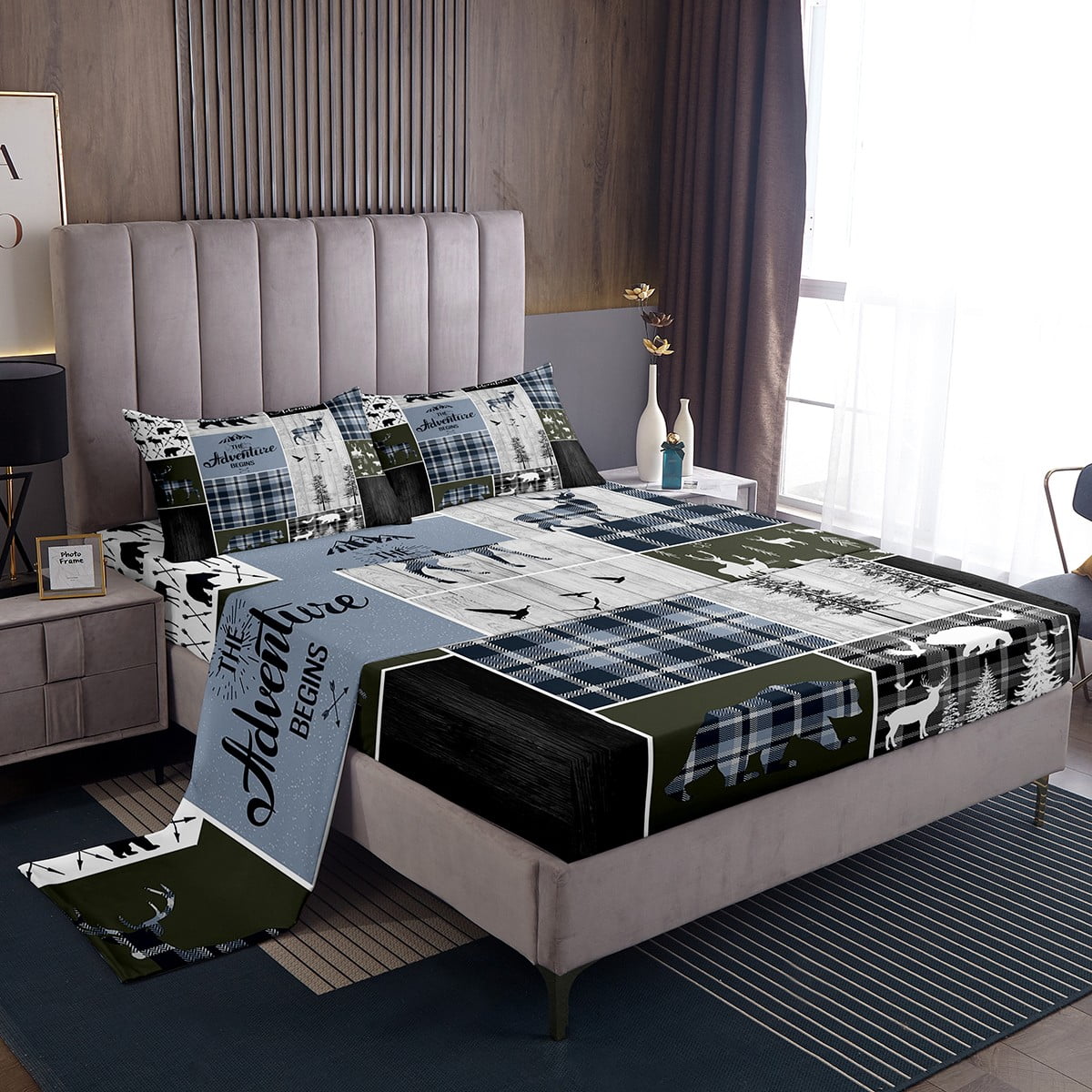 Rustic Cabin Bed Sheets Set For Kids Bedroom, Bear Deer Sheets Queen