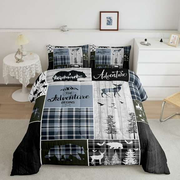 Rustic Cabin Bedding Bedroom, Bear Deer Comforter Set Queen Size Teens Adult Men, Hunting Wild Animal Quilt Rustic Farmhouse Buffalo Plaid Duvet Insert, Blue Gray Black