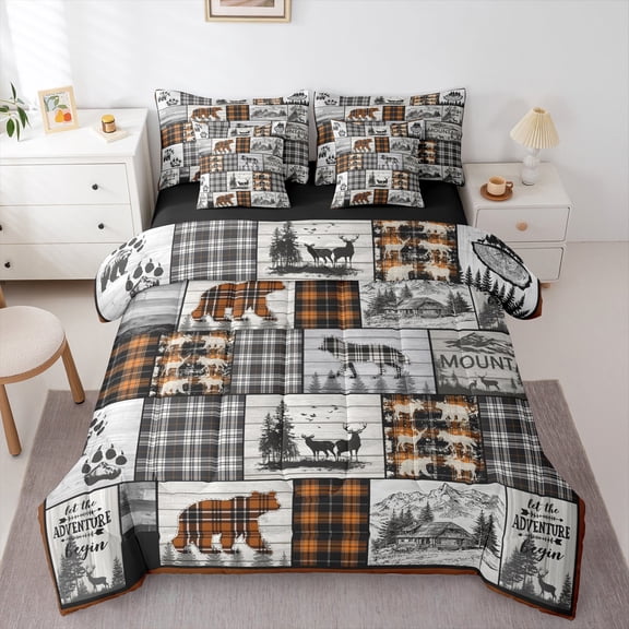 Rustic Cabin Bedding Set Queen Farmhouse Lodge 7 Piece Bed In A Bag Black Orange Buffalo Plaid Country Comforter Set With Sheets Hunting Bear Deer Wolf Woodland Wildlife Bed Set