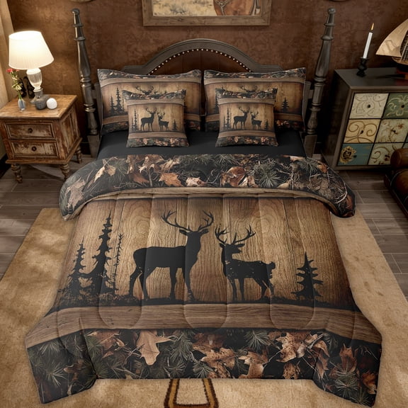 Erosebridal Rustic Cabin Bedding Sets 7 Piece Camo Hunting Deer Comforter Set King Farmhouse Woodland Animal Bed In A Bag Teen Men,Tree Camouflage Wildlife Sheet Set With Comforter