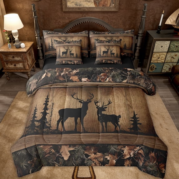 Erosebridal Rustic Cabin Bedding Sets 7 Piece Camo Hunting Deer Comforter Set Queen Farmhouse Woodland Animal Bed In A Bag Teen Men,Tree Camouflage Wildlife Sheet Set With Comforter