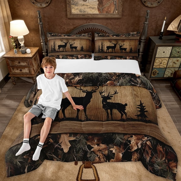 Rustic Cabin Bedding Sets Camo Hunting Deer Comforter Set Full Farmhouse Woodland Animal Quilt Comforter Teen Men,Tree Branches Camouflage Wildlife Bed Duvet Set 3 Pcs
