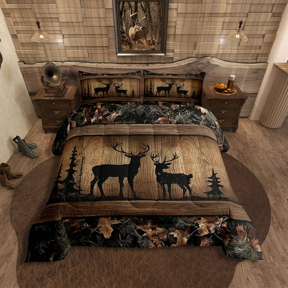 Rustic Cabin Bedding Sets Camo Hunting Deer Comforter Set Queen Farmhouse Woodland Animal Quilt Comforter Teen Men,Tree Branches Camouflage Wildlife Bed Duvet Set 3 Pcs
