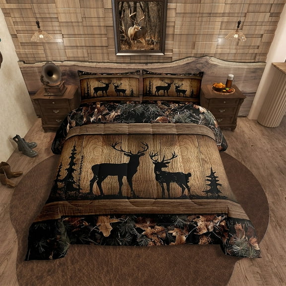 Rustic Cabin Bedding Sets Camo Hunting Deer Comforter Set Queen Farmhouse Woodland Animal Quilt Comforter Teen Men,Tree Branches Camouflage Wildlife Bed Duvet Set 3 Pcs