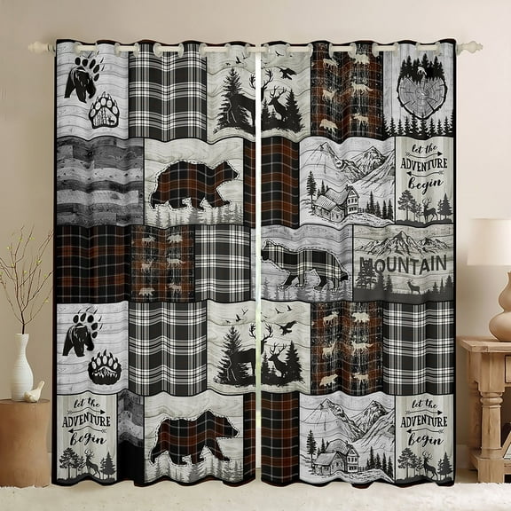 Rustic Cabin 30%-50% Blackout Curtains 38"Wx54"L Country Farmhouse Buffalo Plaid Window Curtains,Woodland Bear Deer Wolf Curtains & Drapes Hunting Wildlife Window Treatments Black Brown Grey