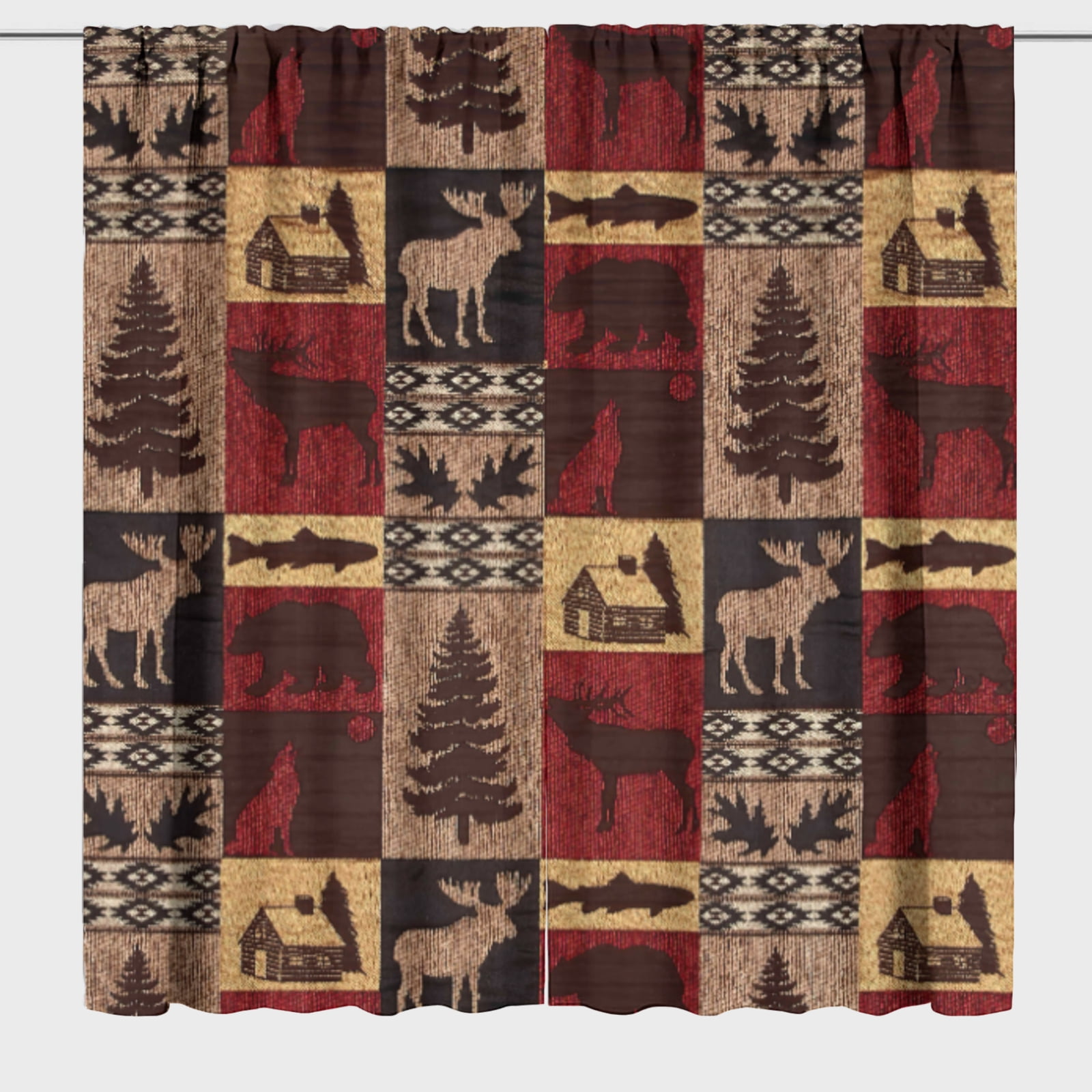 Rustic Cabin Blackout Curtains for Bedroom,Vintage Farmhouse Theme Curtains Moose Bear Elk Tree Plaid Room Darkening Window Curtains Rod Pocket Decor Window Drapes, 84x84 Inch