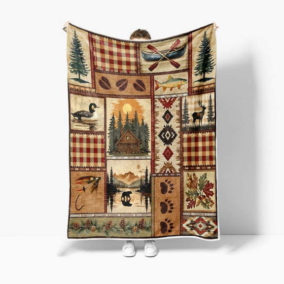 Rustic Cabin Blanket, Rustic Lodge Flannel Throw Blankets Bear Deer Country Hunting Wild Animal Cozy Warm Bed Couch Blanket, Rustic Farmhouse Bear Blanket Throws for Bed Couch, 50"X60", Brown