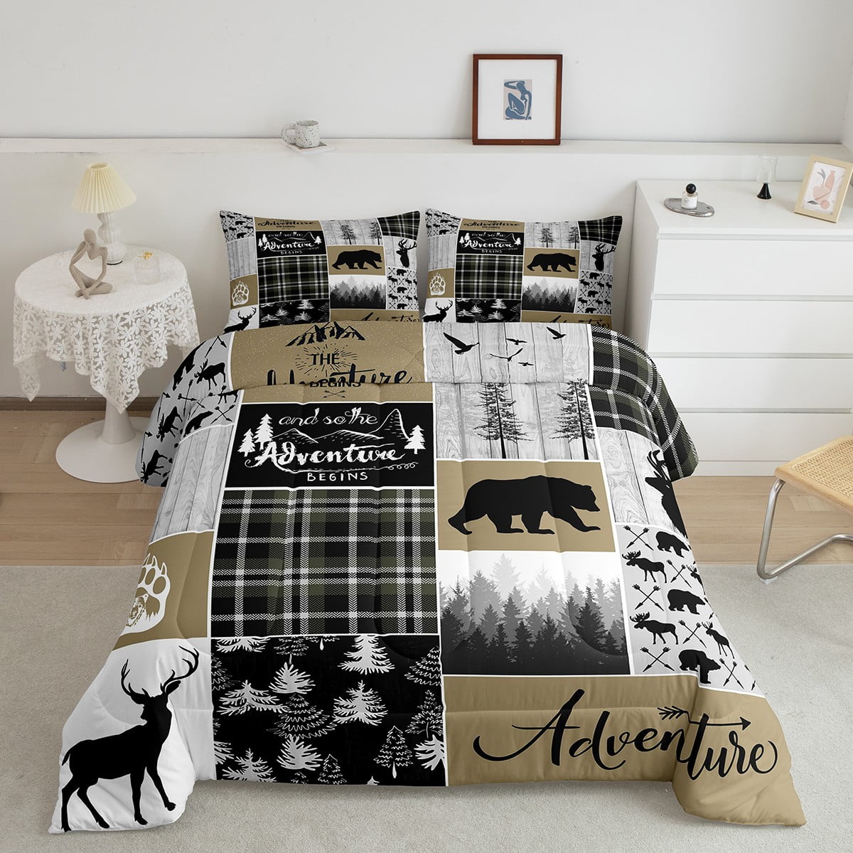 Rustic Cabin Comforter Set For Men, Farmhouse Country Bear Moose