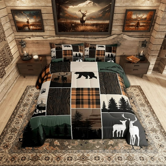 Rustic Cabin Comforter Set Twin Size, Hunting Bear Deer Down Comforter Teens Adult, Farmhouse Moose Quilt Vintage Plaid Tree Growth Ring Duvet Insert 2 Pcs With 1 Pillow Case, Grey Brown