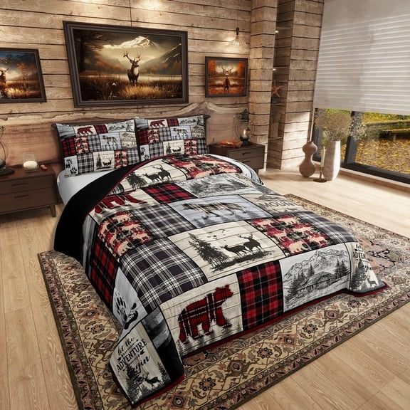 Rustic Cabin Comforter Set Twin Woodland Wolf Deer Bear Comforter For Kids Adults, Red Black Buffalo Plaid Bedding Set Wildlife Camping Mountain Quilt Bedding Southwestern Farmhouse Decor