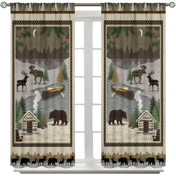 Rustic Cabin Curtain, Forest Bear Deer Wildlife Country Bath Curtains, Hunting Camping for Home Kitchen Livingroom Coffee Room Window Curtain 2Panel 52" W X 84" L
