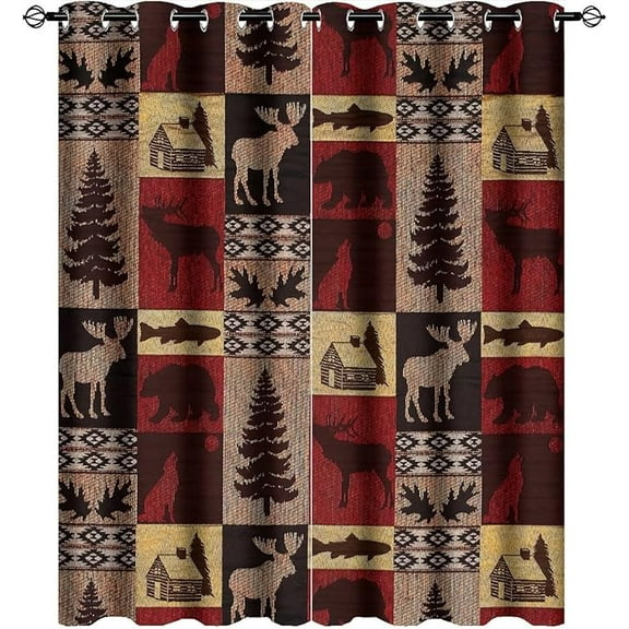 Rustic Cabin Curtains For Bedroom - Vintage Farmhouse Theme Moose Bear Elk Tree Plaid Window Treatment,Energy Saving Blackout Grommet Curtains 53"W x 84"L (Pack of 2)