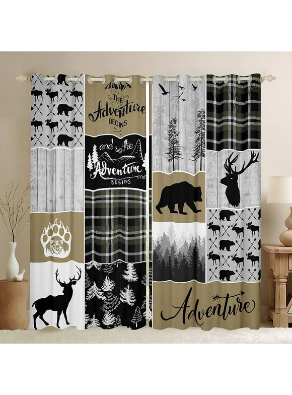 Rustic Cabin Curtains & Drapes For Men, Farmhouse Country Bear Moose Curtains 42"Wx63"L, Forest Vintage Wood Decor Blackout Curtains Hunting Camping Adventure Window Curtains Bear Decor For Home