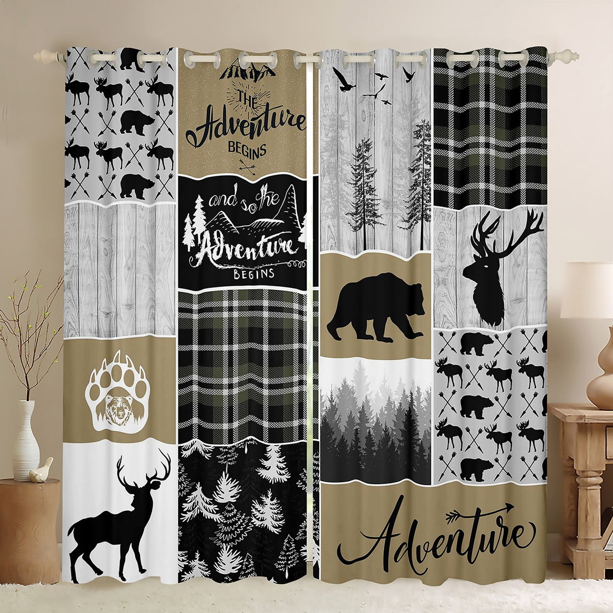 Rustic Cabin Curtains & Drapes For Men, Farmhouse Country Bear Moose Curtains 42"Wx90"L, Forest ...