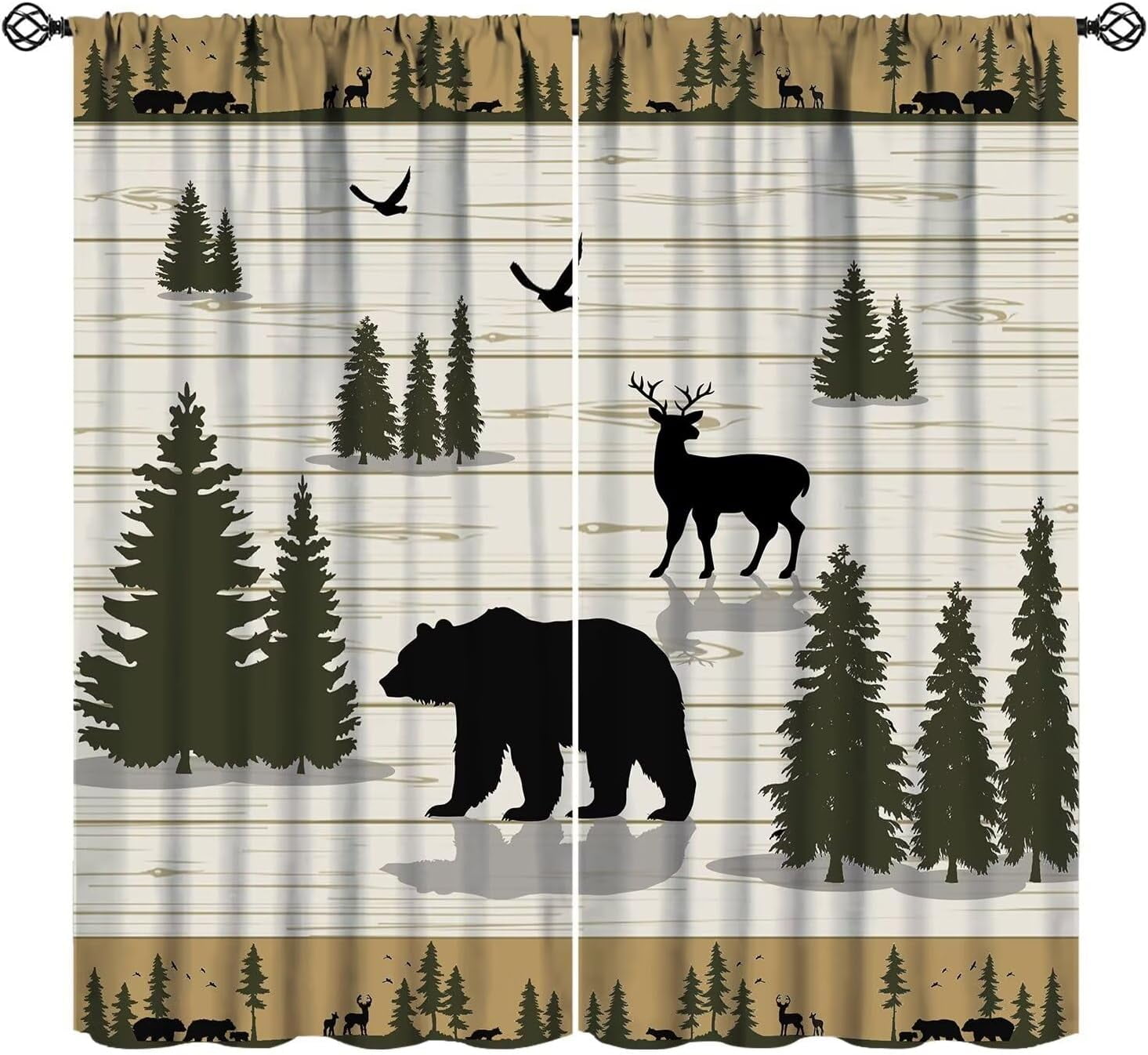 Rustic Cabin Curtain Rods Rustic Cabin Curtains Vintage Wood Planks Bear Deer Bird Tree Woodland ...