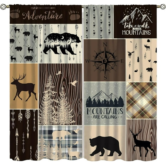 Rustic Cabin Curtains,Wildlife Curtains for Cabin Country Farmhouse Patchwork Wild Moose Bear Rod Pocket Blackout Window Drapes 21x54in,2 Panel Set