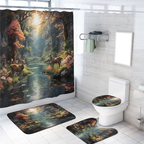 Rustic Cabin Deer 4 Pcs Shower Curtain Set Spring Forest Elk Wildlife Animal Nature Country with 12 Hooks, Bath Mat Set Bathroom Decor by Durable Waterproof Fabric, 72x72 Inch