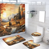 Rustic Cabin Deer 4 Piece Shower Curtain Sets Fall Forest Elk Wildlife Animal Autumn Nature Country Farmhouse with Non-Slip Rugs Toilet Lid Cover and Bath Mat Bathroom Decor Set, 72x72 Inch