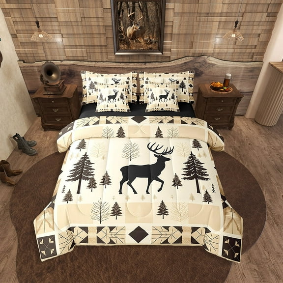 Rustic Cabin Deer Hunting Comforter Set Queen Size,Western Farmhouse Woodland Bed in a Bag,Vintage Aztec Geometric Camping Bed Set,Pine Tree Country Reversible Bed Sets with Sheet Set