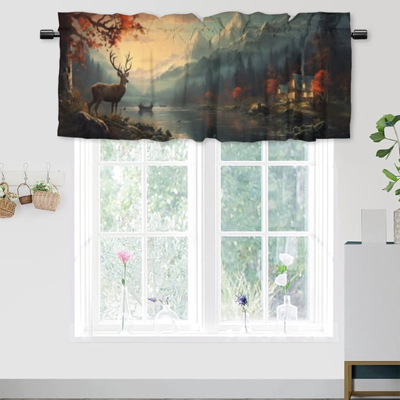 Rustic Cabin Deer Valance Rod Pocket Window Curtain for Kitchen Fall Forest Elk Wildlife Animal Autumn Nature Country Farmhouse Window Treatment Valance Curtains for Bathroom 54 by 18 in, 1 Panel