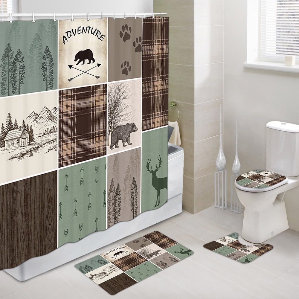 Rustic Cabin Farmhouse Lodge Bathtub Bathroom Rugs Mat Toliet Lid Cover, Plaid Check Adventure Bear Deer Country Hunting Wild Animal Shower Curtain Sets with Rugs 4 Piece