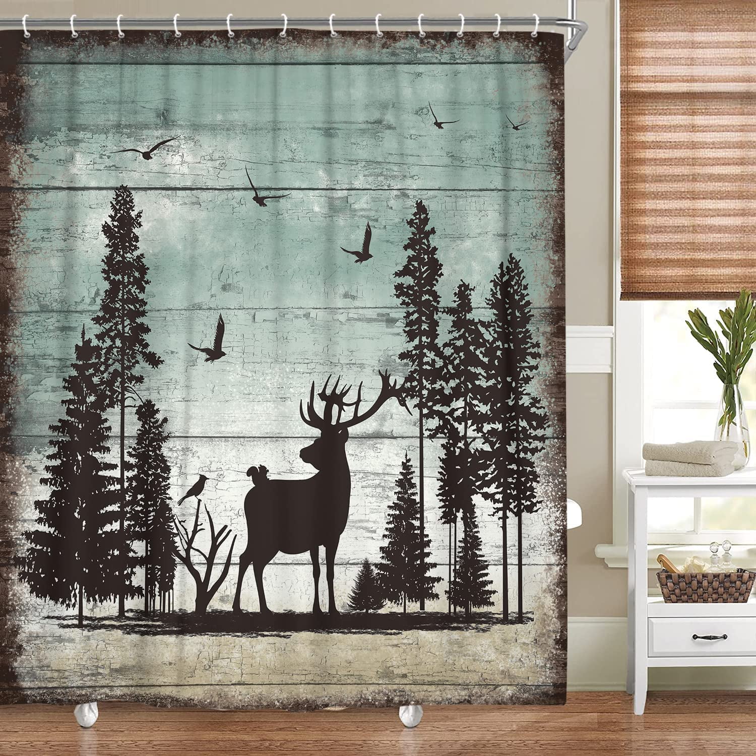 Rustic Cabin Themed Fabric Shower Curtain with Wildlife Decor, Teal ...