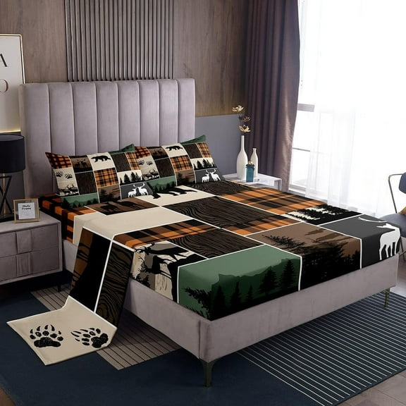 Rustic Cabin Fitted Sheet Full Size, Hunting Bear Deer Bed Sheets Teens Adult, Farmhouse Moose Sheet Set Vintage Plaid Tree Growth Ring Top Sheet 4 Pcs With 2 Pillow Cases, Grey Brown