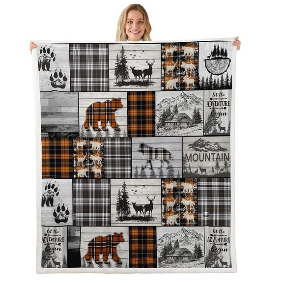 Rustic Cabin Fleece Blanket Twin 60"X80" Farmhouse Lodge Sherpa Blanket Black Orange Plaid Country Throw Blanket For Bed Couch Hunting Bear Deer Wolf Woodland Wildlife Flannel Blanket