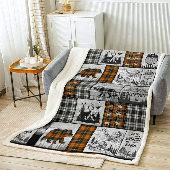 Rustic Cabin Fleece Blanket Twin 60"X80" Farmhouse Lodge Sherpa Blanket Black Orange Plaid Country Throw Blanket For Bed Couch Hunting Bear Deer Wolf Woodland Wildlife Flannel Blanket