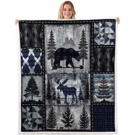 Rustic Cabin Fleece Throw Blanket Wildlife Hunting Sherpa Blanket for Kids Women Men Plush Fuzzy Bear Elk Pine Tree Farmhouse for Bed Couch Chair Living Room Bedroom Decor 30" x 40"