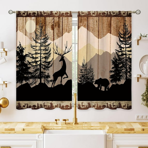 Rustic Cabin Forest Small Kitchen Curtains Woodland Farmhouse Brown Window Treatment Bear Deer Cafe Short Window Curtains for Bathroom Dining Room Animal Tier Treatment Drapes 27.5x39 inch