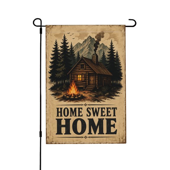 Rustic Cabin Home Sweet Home Garden Flag Brown Log Cabin Forest Outdoor Lawn Decoration Cozy Winter Holiday Yard Flag 12x18 in
