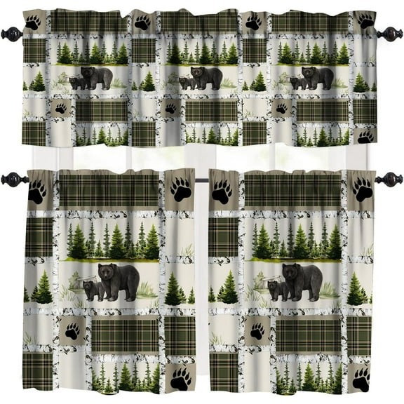 Rustic Cabin Kitchen Blackout Valance Curtains Bear Deer Forest Vintage Retro Western Country Wildlife Farmhouse Valances for Living Room Bedroom,54''''x18''''+27''''x36''''x2(3 Piece)