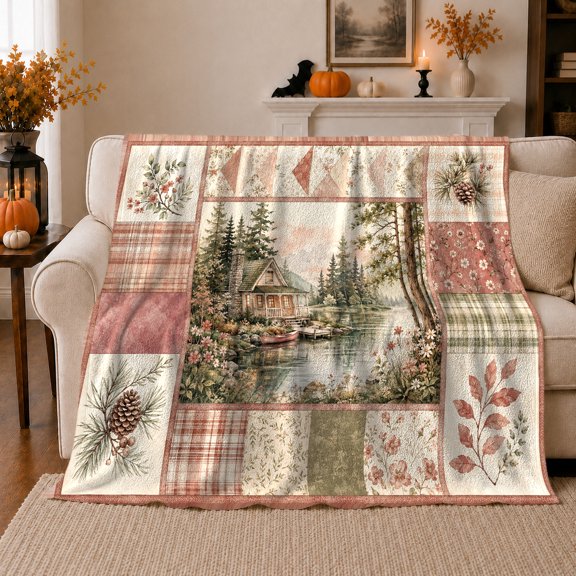 Rustic Cabin Lake Dock Woodland Patchwork Evergreen Pine, Peaceful Mountain Lake Scene, Warm Flannel Blanket for Cabin and Lodge, Outdoor Lovers Thanksgiving Gift, Rustic Home Decor