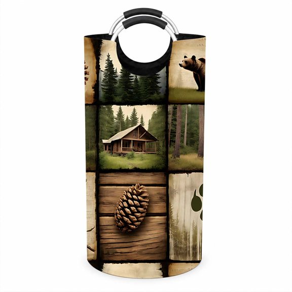 Rustic Cabin Laundry Hamper with Handles, Large Foldable Storage Basket for Clothes, Towels, Blankets and Toys, Woodland Bear Pine Tree Bedroom Organizer