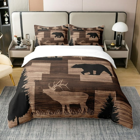 Rustic Cabin Lodge 100% Cotton Duvet Cover Queen Size, Hunting Elk Deer Bear Comforter Cover, Country Farmhouse Old Barn Door Bedding Set, Wild Animals Woodland Adventure Bedspread Cover, Brown