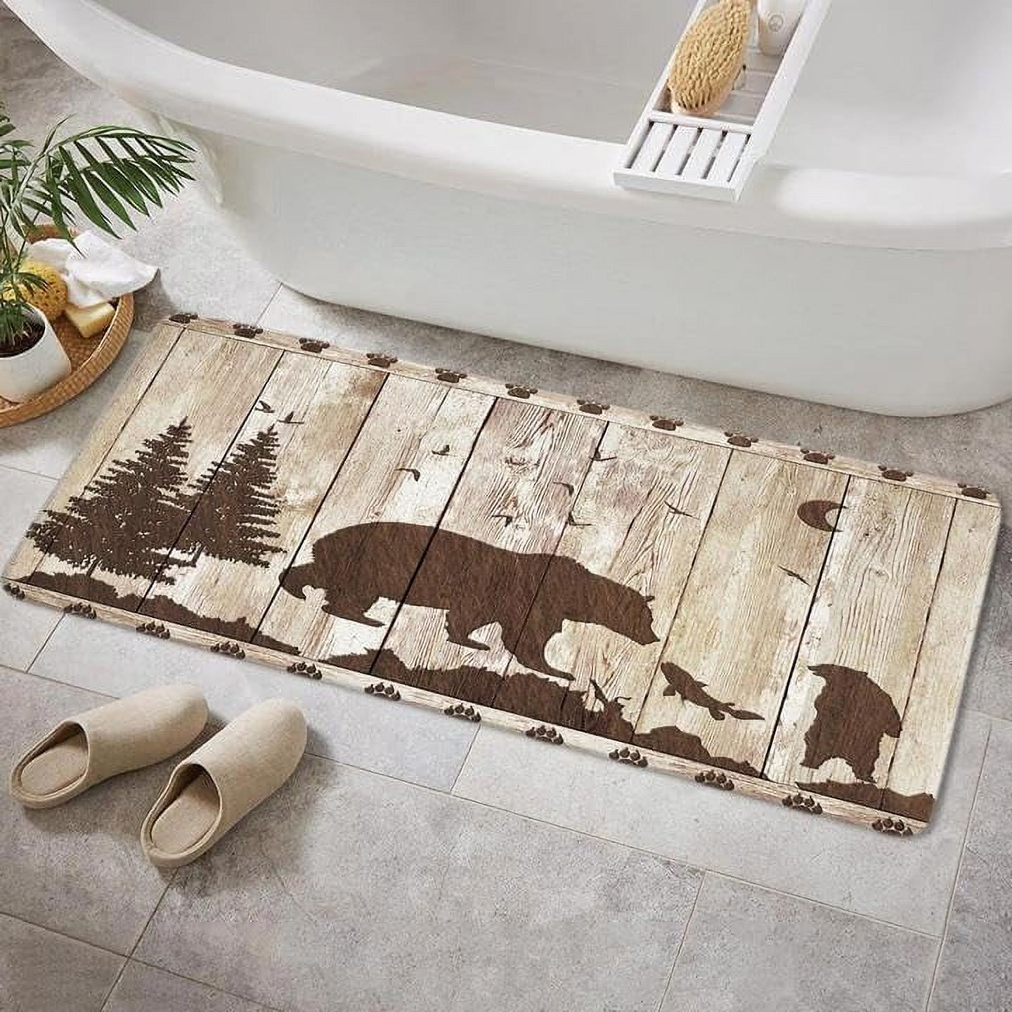 Rustic Cabin Lodge Bear Bathroom Rug, Forest Animal Vintage Wooden ...