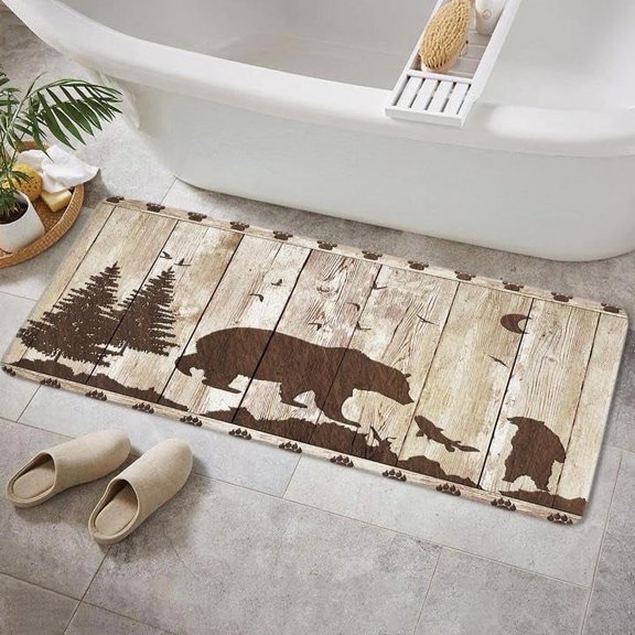 Rustic Cabin Lodge Bear Bathroom Rug, Forest Animal Vintage Wooden Country Farm Wildlife Bath Mat, Farmhouse Bathroom Mat for Kitchen Bathroom Floors…