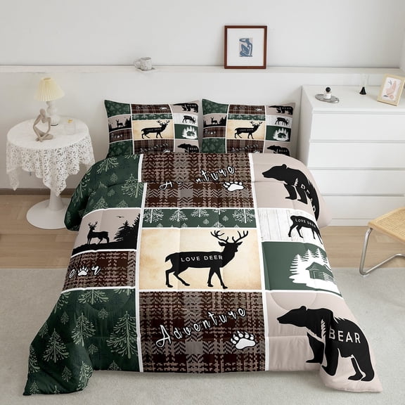 Rustic Cabin Lodge Bedding Full Size, Bear Deer Elk Comforter Set Vintage Farmhouse Adventure Quilt Woodland Forest Animal Grid Claw Bedding Comforter Sets Rustic Farmhouse Home Decor, Green Brown