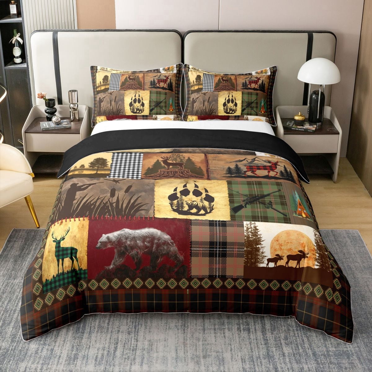 Rustic Cabin Lodge Bedding Set Patchwork Duck Bear Deer Moose Comforter Cover King For Adults Men Retro Farmhouse Buffalo Plaid Duvet Cover Hunting Woodland Wildlife Animal Bed Set 2 Pillow Cases