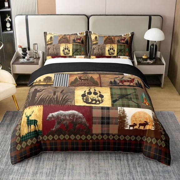 Rustic Cabin Lodge Bedding Set Patchwork Duck Bear Deer Moose Comforter Cover King For Adults Men Retro Farmhouse Buffalo Plaid Duvet Cover Hunting Woodland Wildlife Animal Bed Set 2 Pillow Cases