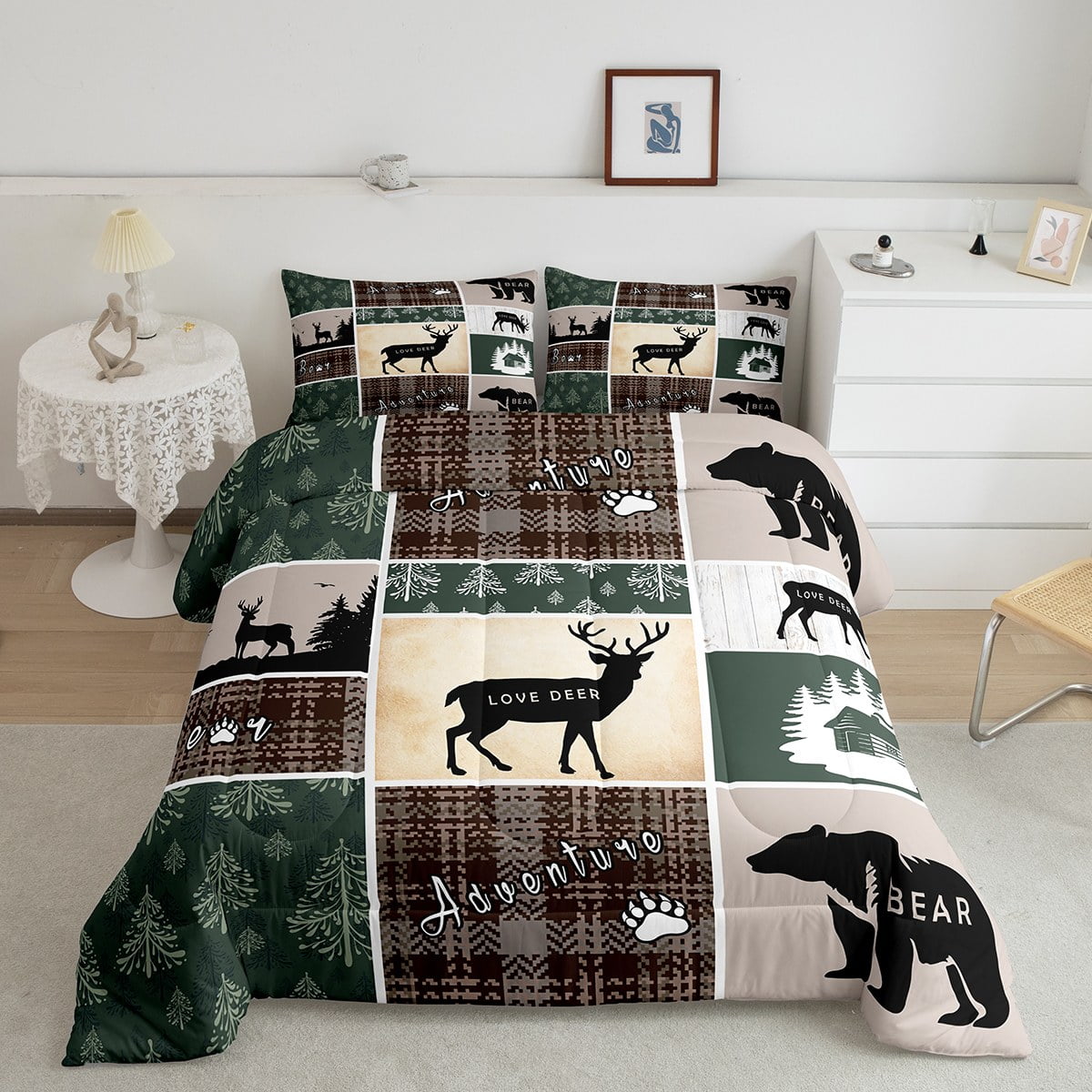 Rustic Cabin Lodge Bedding Twin Size, Bear Deer Elk Comforter Set