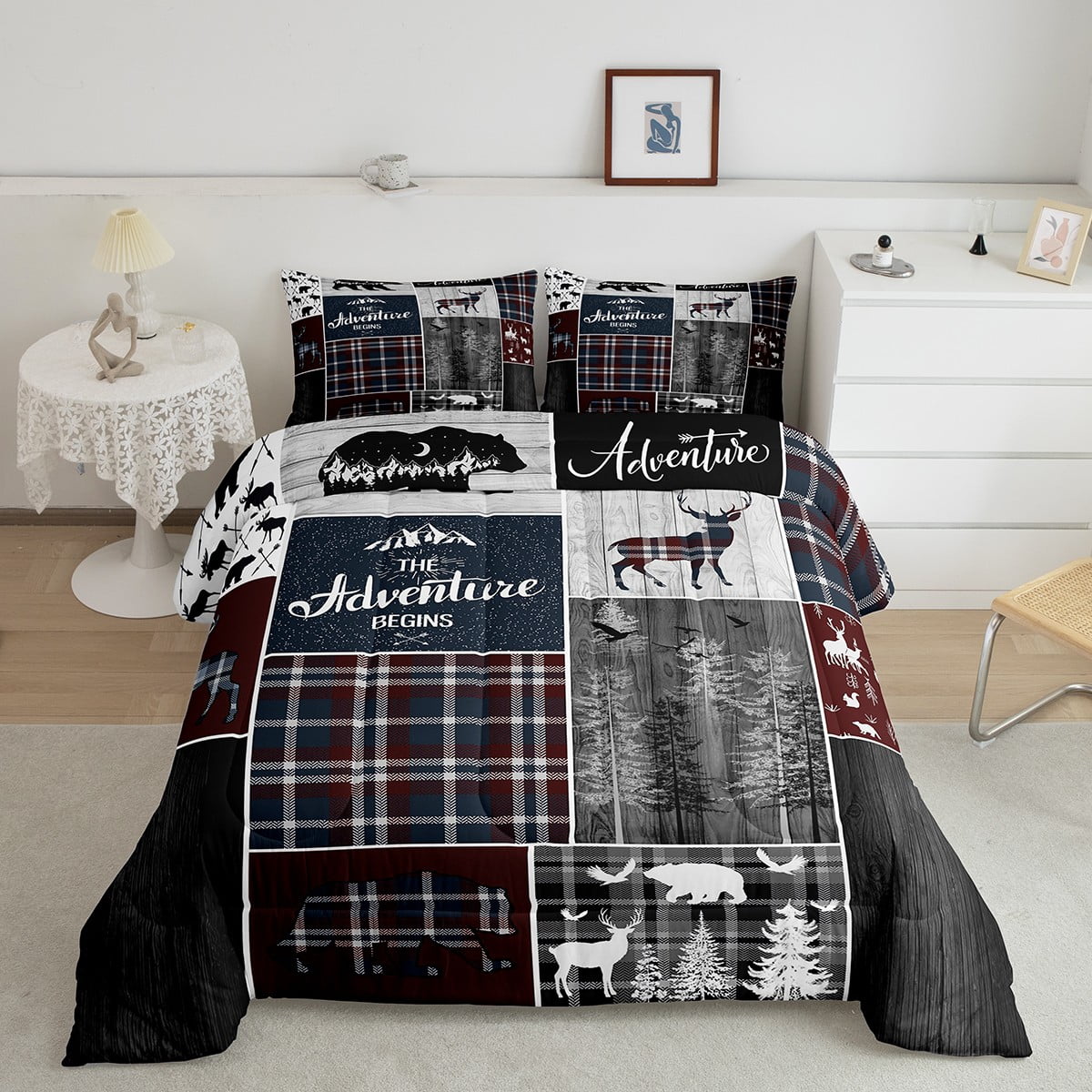 Rustic Cabin Lodge Comforter Set, Bear Deer Wildlife Quilt King Size