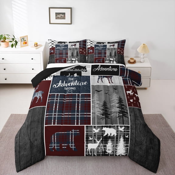 Rustic Cabin Lodge Comforter Set, Bear Deer Wildlife Quilt Queen Size, Country Forest Hunting Wild Animal Bedding Retro Plaid Checkered Patchwork Down Comforter Farmhouse Decorations, Grey Black