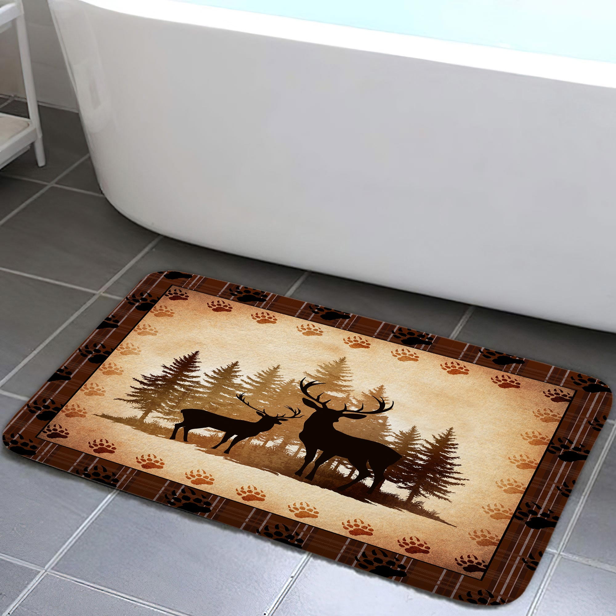 Rustic Cabin Lodge Deer Bath Rugs for Bathroom, Forest Animal Vintage Print Country Farmhouse Wooden Board Bathroom Rug Bath Mat Set Floor Mats, Hunting Camping Brown Doormat Outdoor Indoor 19X31in